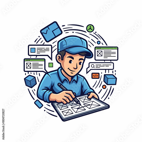 Cartoon character solving tasks on a digital tablet interface