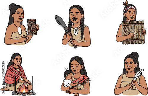 Maori Women: Cultural Elements and Daily Life Illustrations