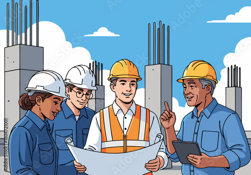 Diverse construction team collaborating on site with blueprints, overseeing project development and structural design