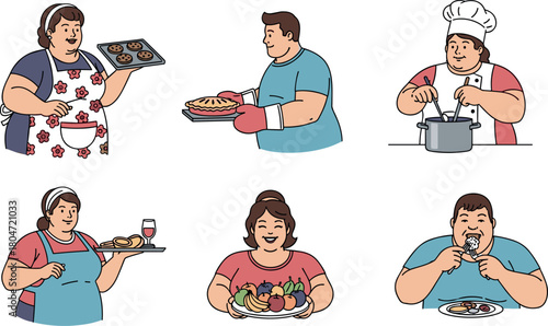 Diverse people enjoying food, cooking, and serving dishes