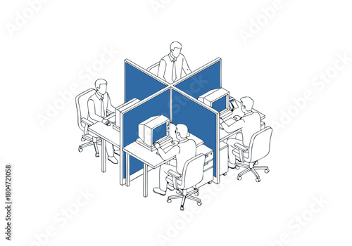 Efficient office layout vector illustration showing four professionals in a collaborative cubicle workspace