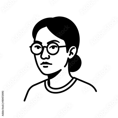 Minimalist black and white vector illustration of a serious young woman with glasses, simple line art graphic