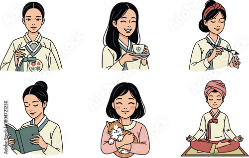Korean women in traditional clothing engaging in daily activities