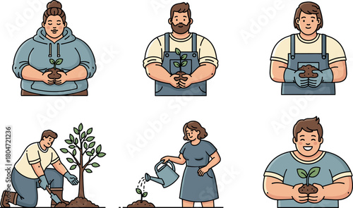 Diverse people planting and watering seedlings and trees