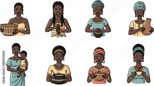 Traditional Ghanaian Women with Cultural Items and Activities