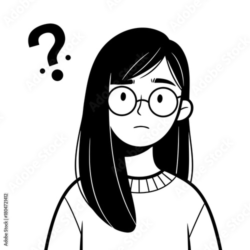 Vector illustration of a young woman with eyeglasses, expressing confusion and deep thought, with a large question mark