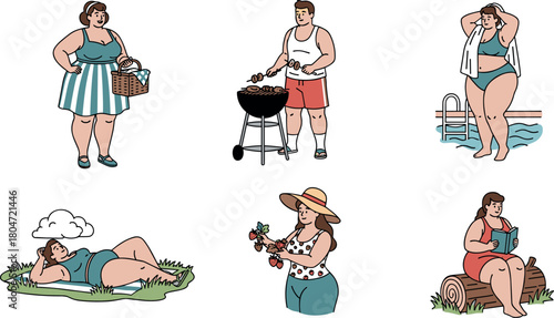 Diverse Plus-Size People Enjoying Summer Activities Collection