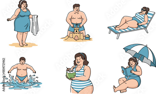 Plus-size people enjoying diverse beach activities illustration