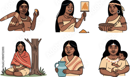 Indigenous Australian Women: Culture and Daily Life Vector Illustrations