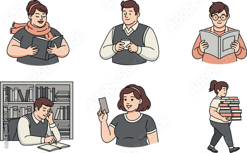 Diverse people engaged in reading and learning activities