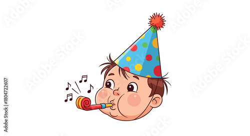 Cheerful cartoon boys head in a blue polka-dot party hat blowing a festive horn.
