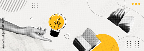 Trendy Halftone Collage Woman Hand with Light bulb and books. Study and education concept. New ideas and solutions. Creative mind or brainstorm. Contemporary vector illustration art