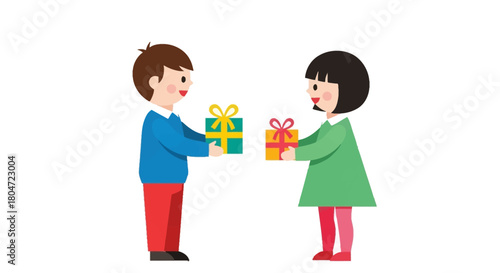 Two happy children exchanging colorful gift boxes with ribbons.