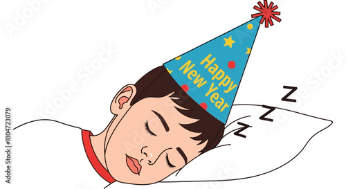 Sleeping Person Wearing a Party Hat with Happy New Year Text, Zzzs.