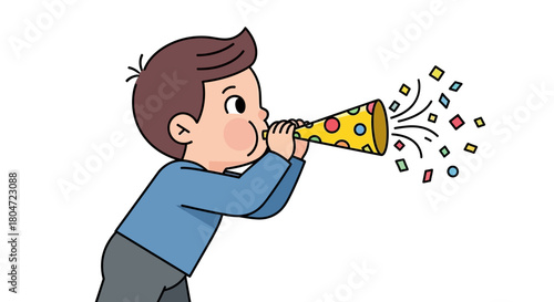 Young Boy Blowing a Colorful Party Horn with Confetti.