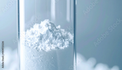 Clear test tube holding white crystalline powder, powder texture, chemical or pharmaceutical