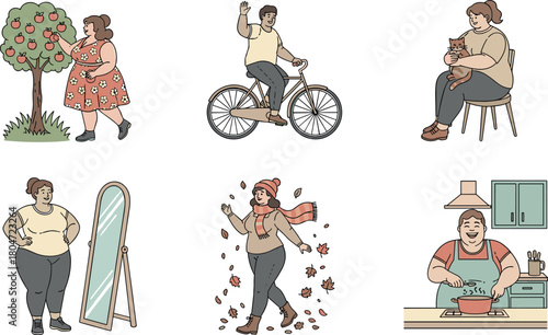 Plus-size people enjoying diverse daily activities