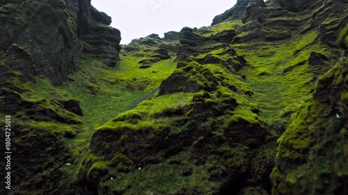 Close-up drone view of rock formations in Mulagljufur Canyon. Footage capturing Iceland’s rugged mossy stones and steep green walls in a remote and untouched setting.