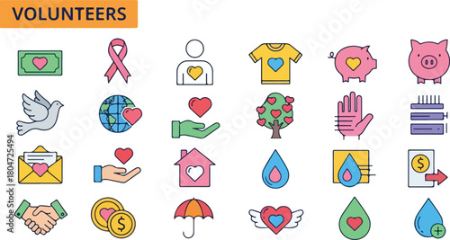Collection of Volunteer Icons Representing Charity and Community Support.
