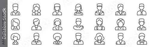 Mega collection of Medical staff and nurse avatar line icon set – editable outline symbols of doctor, nurse, healthcare worker and hospital staff