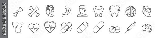 Medical, health, and anatomy line icon set – editable outline symbols of bone, heart, tooth, brain, stethoscope, pill, human organs, pills, bones, heart care, diagnostics, injection and syringe
