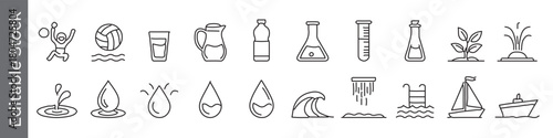 Water, drink and liquid line icon set – editable outline symbols of sports, hydration, droplets, waves, boats, swimming, laboratory liquids, fluid motion graph, drop, glass, bottle, wave, pool, boat