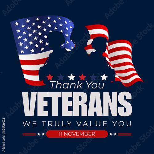 Veterans Day Thank You message on American flag, tribute to military service and patriotism.