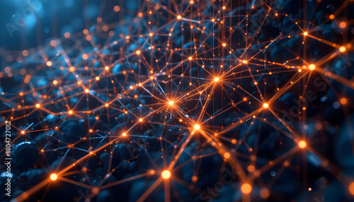Fototapeta Naklejka Na Ścianę i Meble -  A complex network of glowing orange nodes and connecting lines against a dark, abstract background, representing data connections and digital information flow