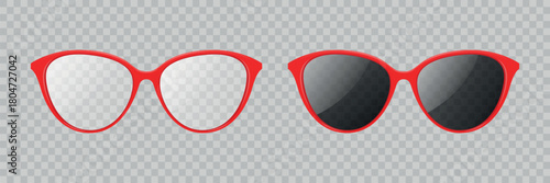 Vector 3d Realistic Red Cat Eye Glasses and Sunglasses Set, Isolated. Brown Retro Eyewear with Transparent and Dark Lenses. Stylish Fashion Accessory, Elegant Optical Frame