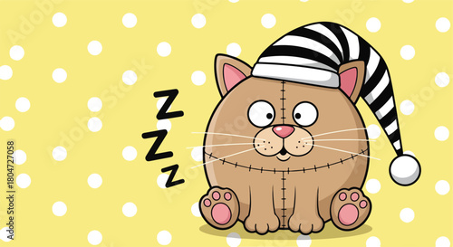 Cute cartoon cat wearing a striped nightcap is sleeping soundly.