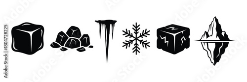 Ice icons with cube, rock, icicle, snowflake and iceberg isolated on white background