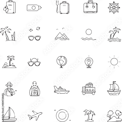 Grid of 25 black line icons for travel, vacation, and tourism including luggage, cruise, beach, and globe