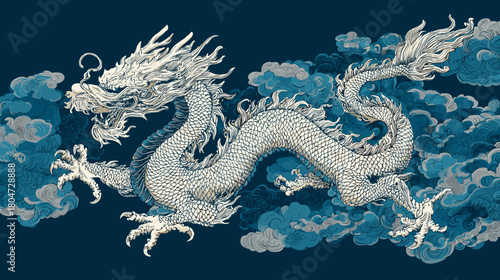 Vector illustration of a neo traditional japanese tattoo design of a White dragon on a deep blue background