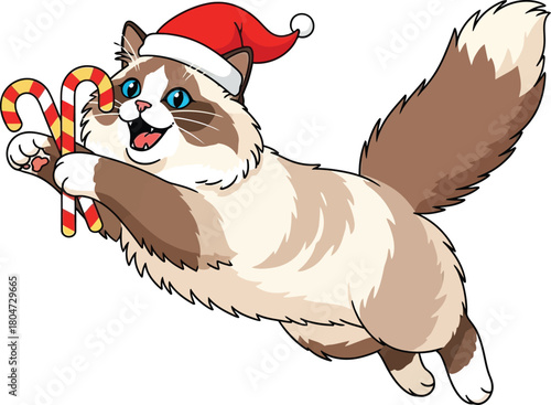 Festive Ragdoll cat wearing Santa hat holding candy canes cheerfully