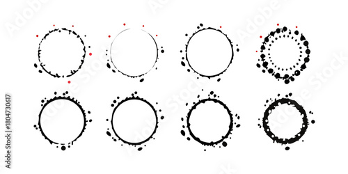 Round frames set, collection. Ring shape, circle made of long drops, droplets, uneven dots, paint splashes, specks, tiny spots, water blobs. Radial templates for borders, backgrounds, design elements 