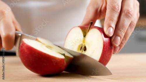 Close-up of a hand with a knife slicing a shiny red apple on a wooden surface