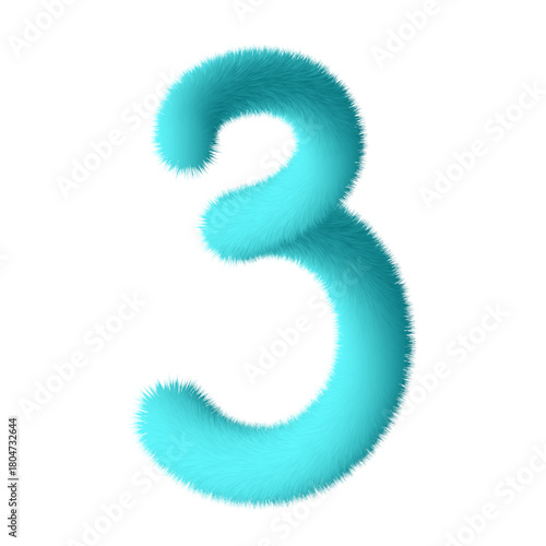 3d Fluffy number three 3 soft furry font digit isolated on white background, playful design element for birthday, anniversary and other celebrations