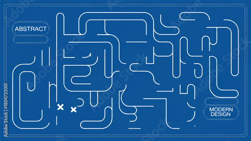 A modern digital illustration featuring abstract winding pathways and interconnected lines on a technical blueprint style background