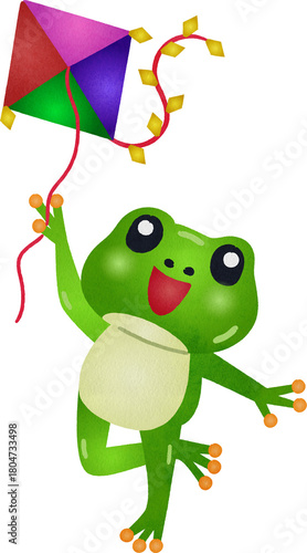 Cartoon Frog Flying Kite Illustration Watercolor Hand Drawn Style