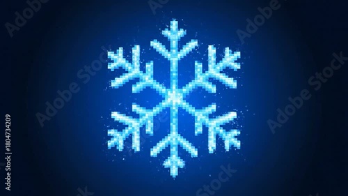 A pixelated snowflake glows against a dark blue background, with small particles
