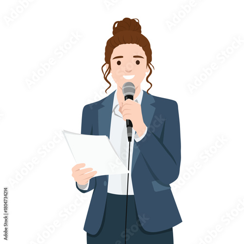Professional woman holding a microphone and reading from a paper, representing public speaking. Flat vector illustration isolated on white background