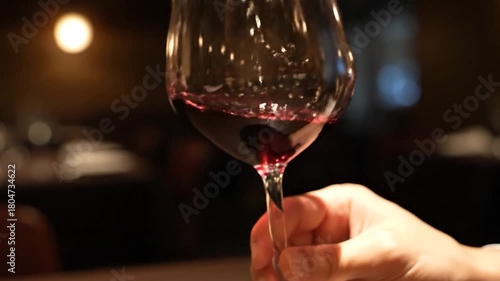 A close-up shot of a glass of red liquid held by a person's hand with soft lighting