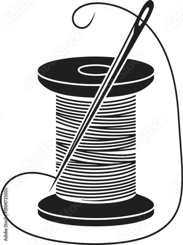 Thread spool and sewing needle black silhouette vector illustration, tailoring or dressmaking craft icon, simple sewing equipment graphic