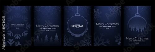 Set of five blue christmas social media posts or story templates with snowflakes, christmas tree and ornament designs for greeting card.