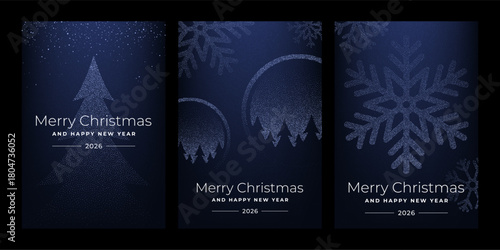Three dark blue Christmas cards with dot art style winter elements for holiday season greeting card design. Merry Christmas and Happy New Year wishes.