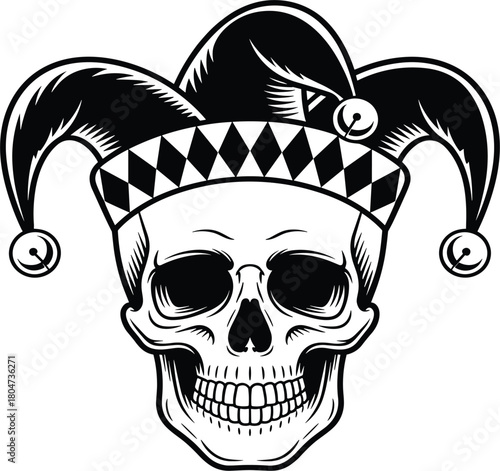 Detailed skull wearing jester's hat vector illustration, monochrome death fool symbol graphic, dark medieval joker or tattoo design