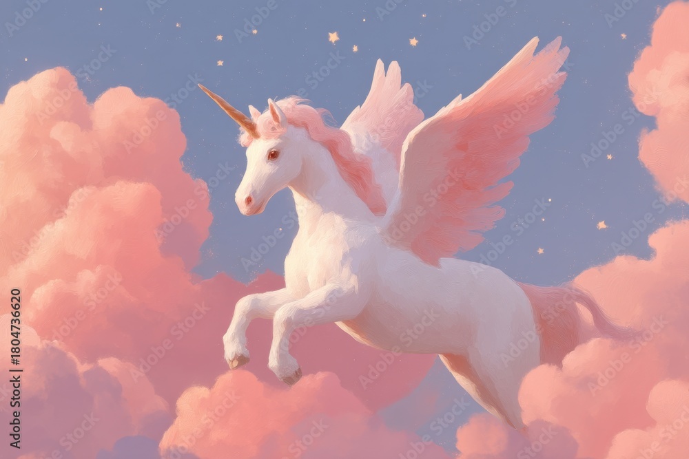 Naklejka premium Cute cartoon unicorn with wings soaring through pastel clouds in a dreamy pink blue sky