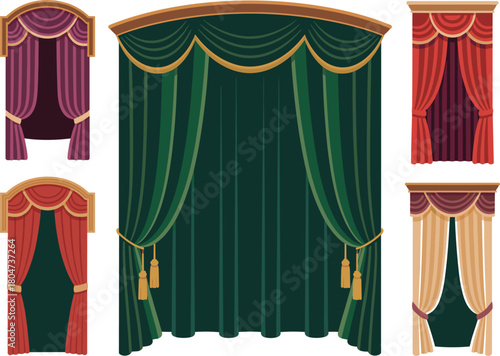 Luxury vintage theater curtains set vector illustration, dramatic stage drape collection, elegant grand opening and show background design