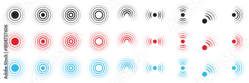 Set of radio wave and signal icons in black, red, and blue colors. Radar signal wave icons vector set in various circular and radiating style. Internet connection and radiation icons.