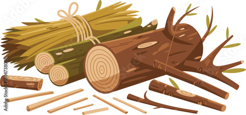 Firewood and kindling vector illustration set, raw logs, bundled straw, and small sticks, natural wooden forestry material design